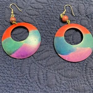 Vintage painted metal 2 inch hoop earrings red teal purple